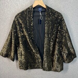 Kaari Blue Womens Gold Sequin Open Front Cropped Jacket Black Gold Size Small